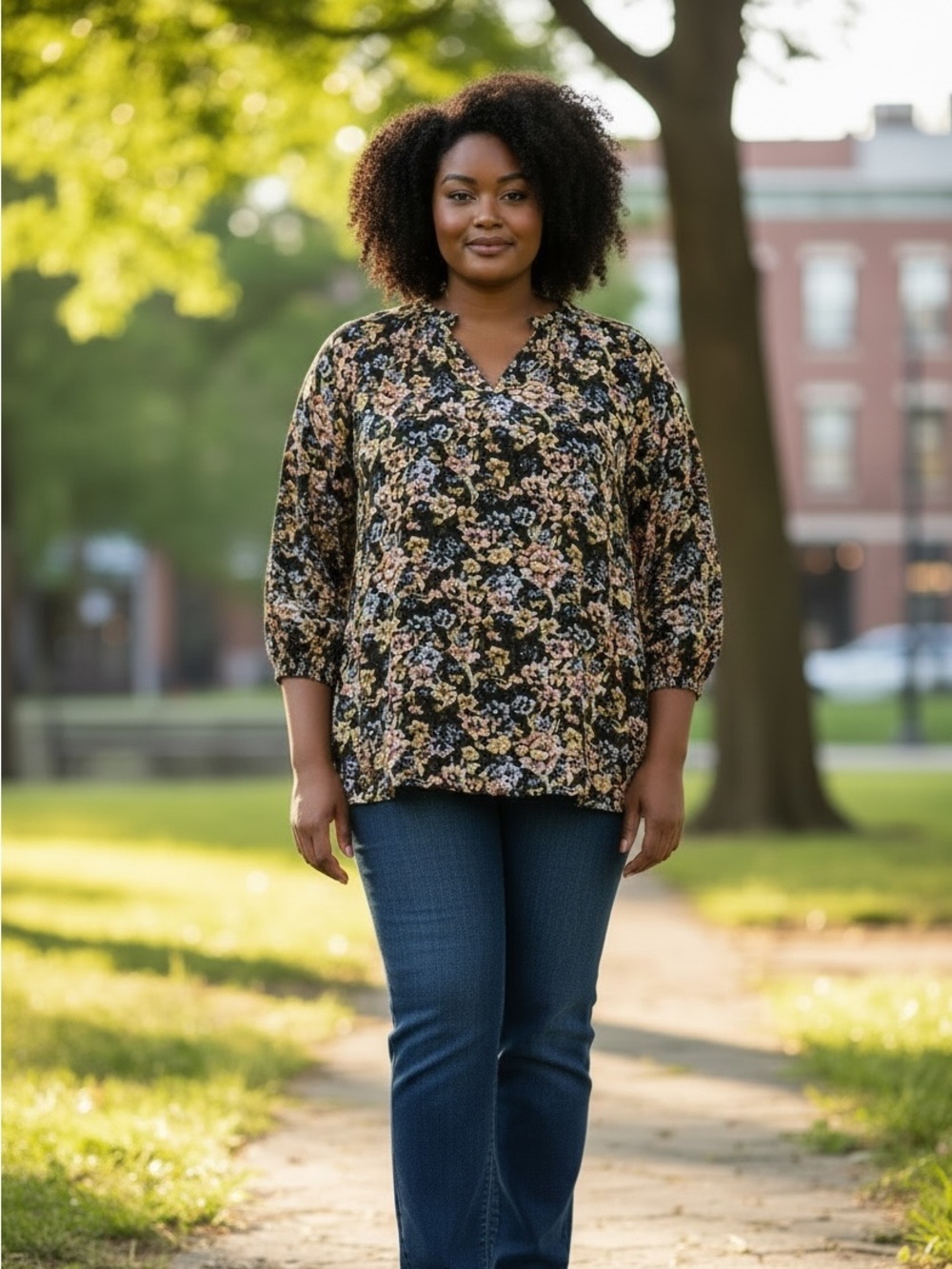 Tahari Black Multicolor Abstract Floral Top